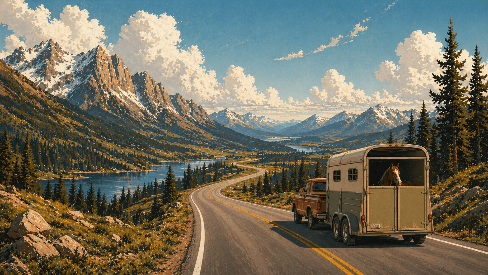 A horse trailer being towed through a mountain valley
