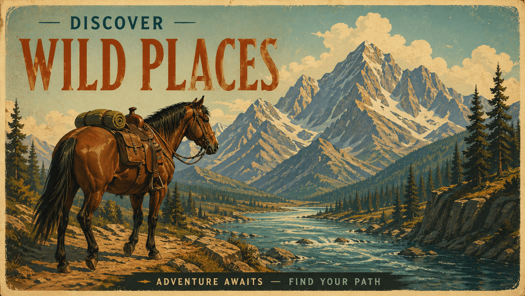 A horse standing at the edge of a mountain river valley, ready to explore wild places